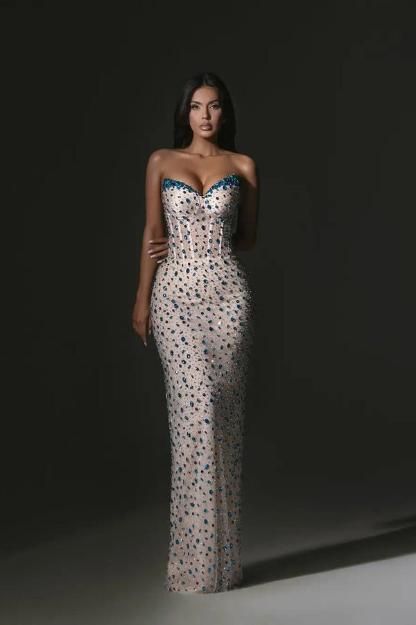 Sparkling Sweetheart Strapless Sleeveless Mermaid Evening Dresses V-Neck Gem With Lace-Up Back