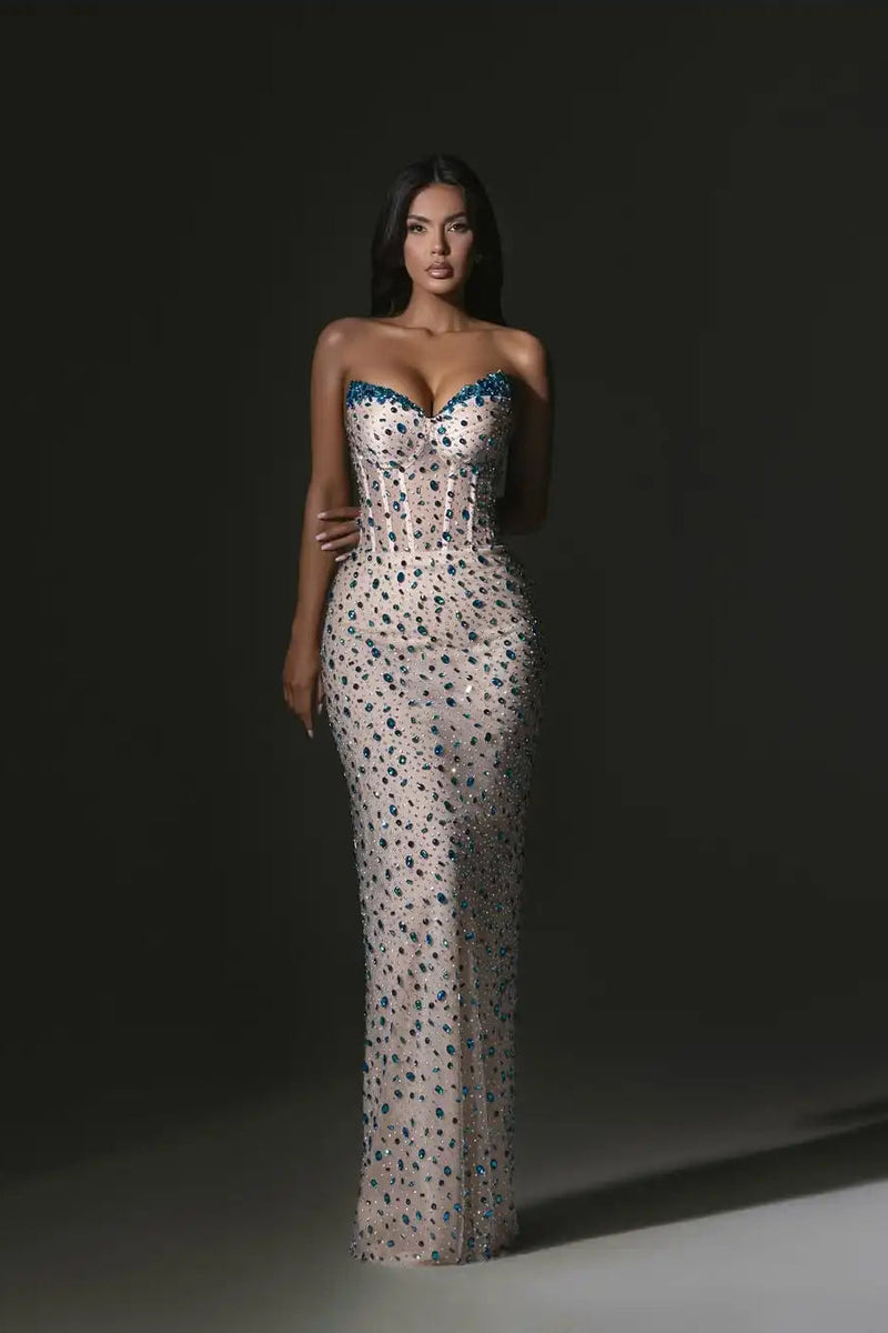 Sparkling Sweetheart Strapless Sleeveless Mermaid Evening Dresses V-Neck Gem With Lace-Up Back