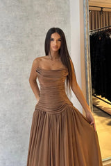 Flowing Coffee Strapless Sleeveless Chiffon Evening Dresses A-Line Long With Pleats