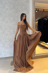 Flowing Coffee Strapless Sleeveless Chiffon Evening Dresses A-Line Long With Pleats