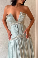 Classy V-Neck Strapless Sleeveless Evening Dresses A-Line Gem With Pleats