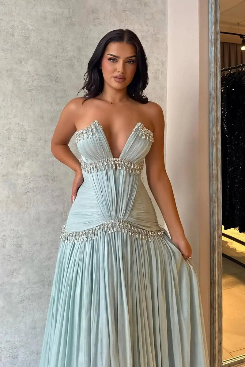 Classy V-Neck Strapless Sleeveless Evening Dresses A-Line Gem With Pleats