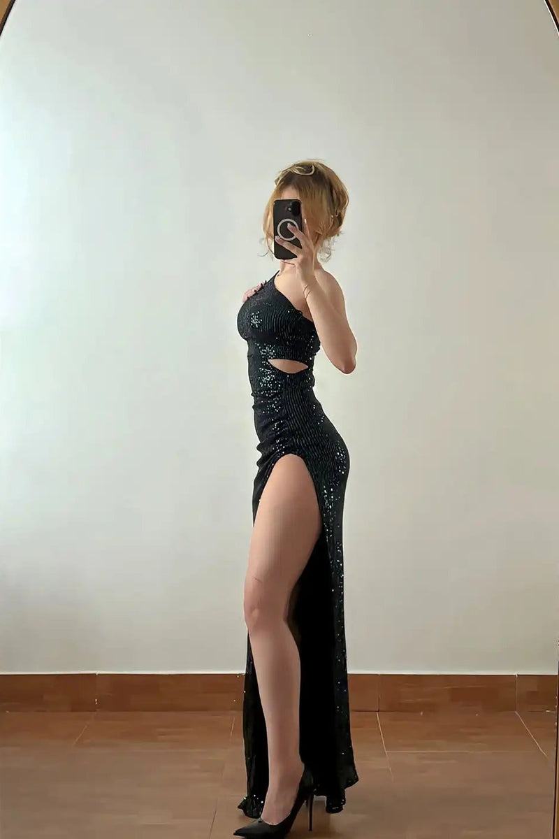 Exquisite Dark Green One Shoulder Sleeveless Mermaid Sequins Evening Dresses Column With High Split