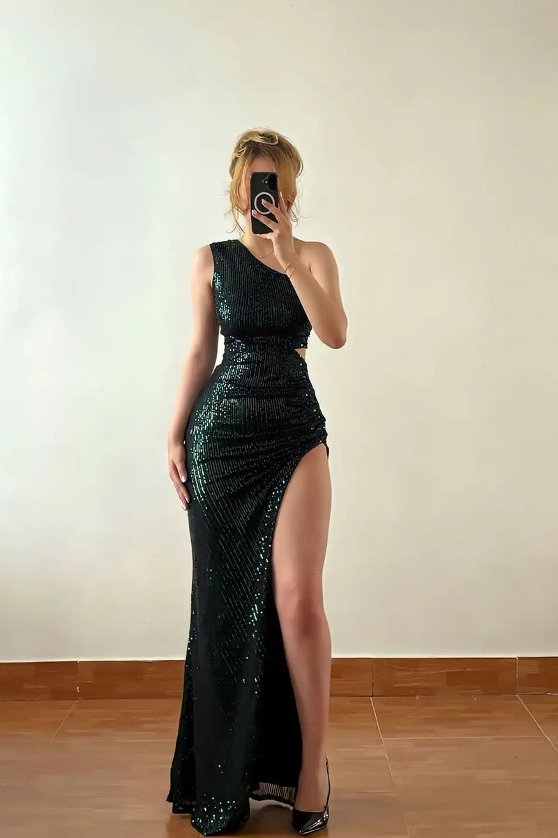 Exquisite Dark Green One Shoulder Sleeveless Mermaid Sequins Evening Dresses Column With High Split