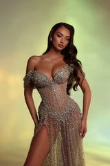 Timeless Sweetheart Off-The-Shoulder V-Neck A-Line Evening Dresses High Split Gem On Sale