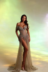 Timeless Sweetheart Off-The-Shoulder V-Neck A-Line Evening Dresses High Split Gem On Sale