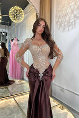Classy Brown Square Long Sleeves Mermaid Evening Dresses Sheath Gem Long With Pleats