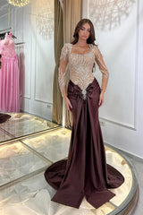 Classy Brown Square Long Sleeves Mermaid Evening Dresses Sheath Gem Long With Pleats