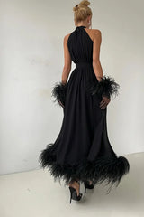 Exquisite Black Halter Chiffon Evening Dresses A-Line Feather With Gloves Zipper