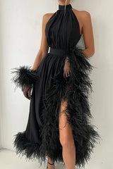 Exquisite Black Halter Chiffon Evening Dresses A-Line Feather With Gloves Zipper