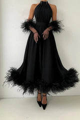 Exquisite Black Halter Chiffon Evening Dresses A-Line Feather With Gloves Zipper