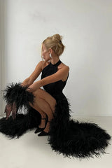 Exquisite Black Halter Chiffon Evening Dresses A-Line Feather With Gloves Zipper