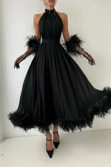 Exquisite Black Halter Chiffon Evening Dresses A-Line Feather With Gloves Zipper
