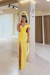 Exquisite Yellow V-Neck One Shoulder A-Line Evening Dresses High Split With Pleats