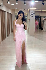 Beautiful Pink Sweetheart Halter Sleeveless Lace Evening Dresses Mermaid With Side Split
