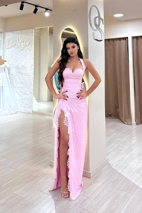 Beautiful Pink Sweetheart Halter Sleeveless Lace Evening Dresses Mermaid With Side Split