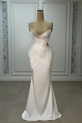 Sparkling Spaghetti-Straps Sleeveless V-Neck Satin Evening Dresses Mermaid Sheath With Pearls