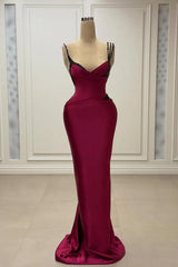 Timeless Dark Red Spaghetti-Straps V-Neck Satin Evening Dresses Sleeveless Mermaid With Beads
