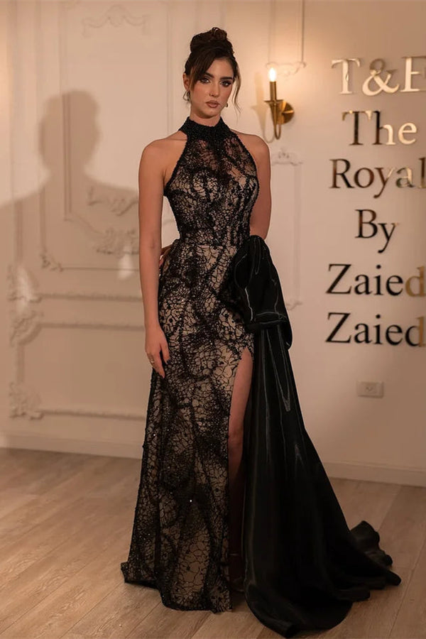 Romantic Black Halter Sleeveless Lace Mermaid Evening Dresses Sheath Side Split With Ruffle Zipper