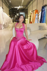 Gorgeous Fuchsia Halter Sleeveless Satin Evening Dresses A-Line Long With Gem