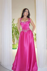 Gorgeous Fuchsia Halter Sleeveless Satin Evening Dresses A-Line Long With Gem