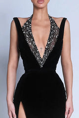 Luxury Black Halter Sleeveless V-Neck Mermaid Evening Dresses High Split Gem With Zipper