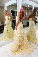 Pretty Daffodil Sweetheart Strapless Sleeveless Chiffon Evening Dresses High Split With Lace-Up Back