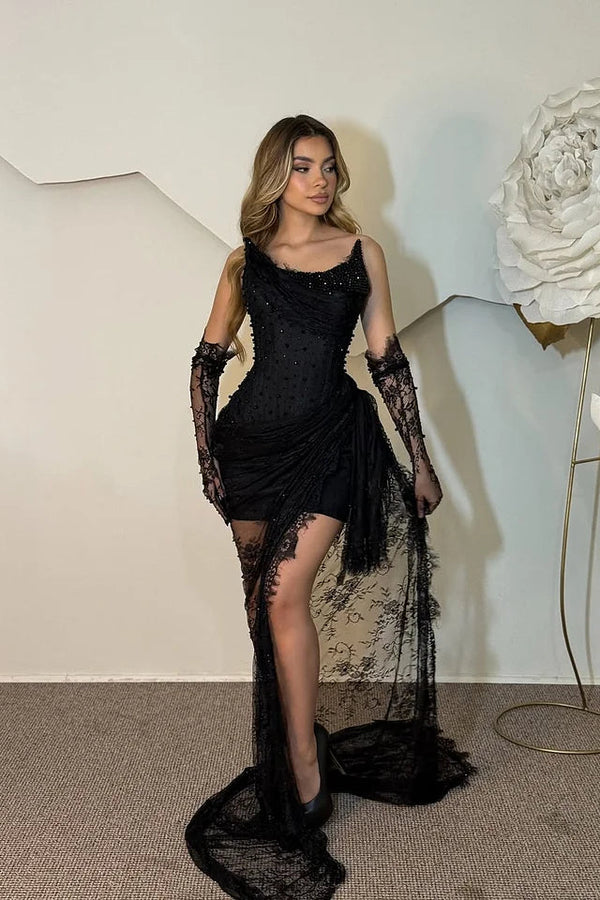Classy Black Strapless Mini Lace Evening Dresses Column Beads With Ruffle Gloves