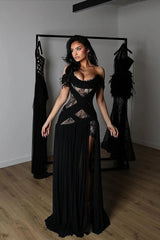 Exquisite Black Off-The-Shoulder Chiffon Lace Evening Dresses A-Line High Split With Lace-Up Back