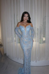 Dreamy Sky Blue Sweetheart Long Sleeves Mermaid Lace Evening Dresses V-Neck Sheath With Beads