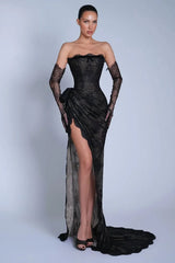Romantic Black Strapless Mermaid Evening Dresses High Split With Lace-Up Back Gloves