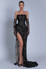 Romantic Black Strapless Mermaid Evening Dresses High Split With Lace-Up Back Gloves