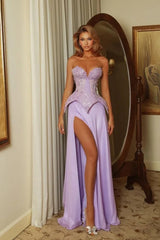 Dreamy Lilac Strapless Sleeveless V-Neck Evening Dresses Two Pieces With High Split