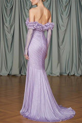 Classy Lilac Off-The-Shoulder Long Sleeves Mermaid Evening Dresses Side Split With Beads Zipper
