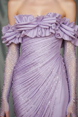 Classy Lilac Off-The-Shoulder Long Sleeves Mermaid Evening Dresses Side Split With Beads Zipper
