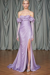 Classy Lilac Off-The-Shoulder Long Sleeves Mermaid Evening Dresses Side Split With Beads Zipper
