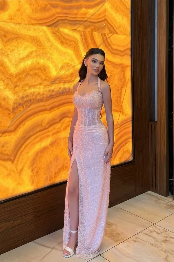 Glamorous Pink Sweetheart Halter Sleeveless Lace Evening Dresses Mermaid Sheath With High Split