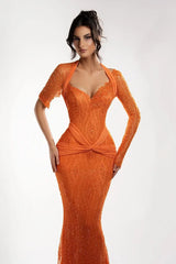 Sparkling Orange V-Neck Halter One Shoulder Evening Dresses Mermaid Sheath With Beads