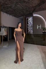 Modern Coffee Sweetheart Off-The-Shoulder Chiffon Mermaid Evening Dresses Column With High Split