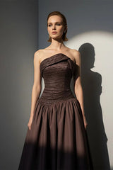 Luxury Brown Strapless Sleeveless Satin Evening Dresses A-Line Beads With Zipper Pleats