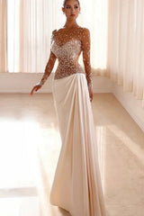 Sparkling Bateau Long Sleeves Satin Evening Dresses Beads Long With Ruffle Pleats