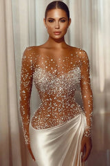 Sparkling Bateau Long Sleeves Satin Evening Dresses Beads Long With Ruffle Pleats