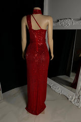 Glamorous Burgundy One Shoulder Sleeveless Sequins Wedding Dresses Mermaid Sheath With Zipper
