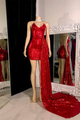 Luxury Red Spaghetti-Straps V-Neck Sleeveless Mini Wedding Dresses Ruffles With Criss-Cross Back