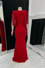 Classic Red V-Neck Short Sleeves Satin Wedding Dresses Mermaid Tassel With Zipper