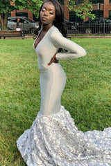 Dazzling Silver V-Neck Long Sleeves Mermaid Wedding Dresses Column Gem With Flower