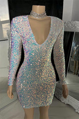 Dazzling V-Neck Long Sleeveless Mini Sequins Wedding Dresses Sheath On Sale