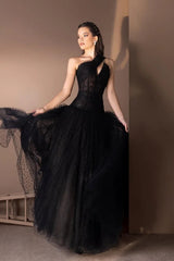 Luxury Black One Shoulder Sleeveless Tulle Wedding Dresses A-Line Long With Pleats