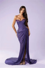 Dreamy Purple Sweetheart Strapless Sleeveless Chiffon Wedding Dresses High Split With Beads