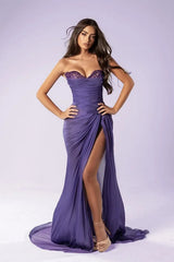 Dreamy Purple Sweetheart Strapless Sleeveless Chiffon Wedding Dresses High Split With Beads